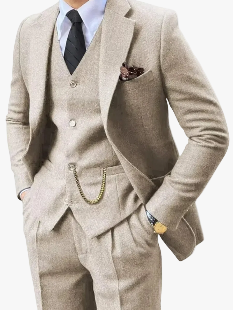 Men's Herringbone Woven Suit Set with Notched Lapel and Vest 1