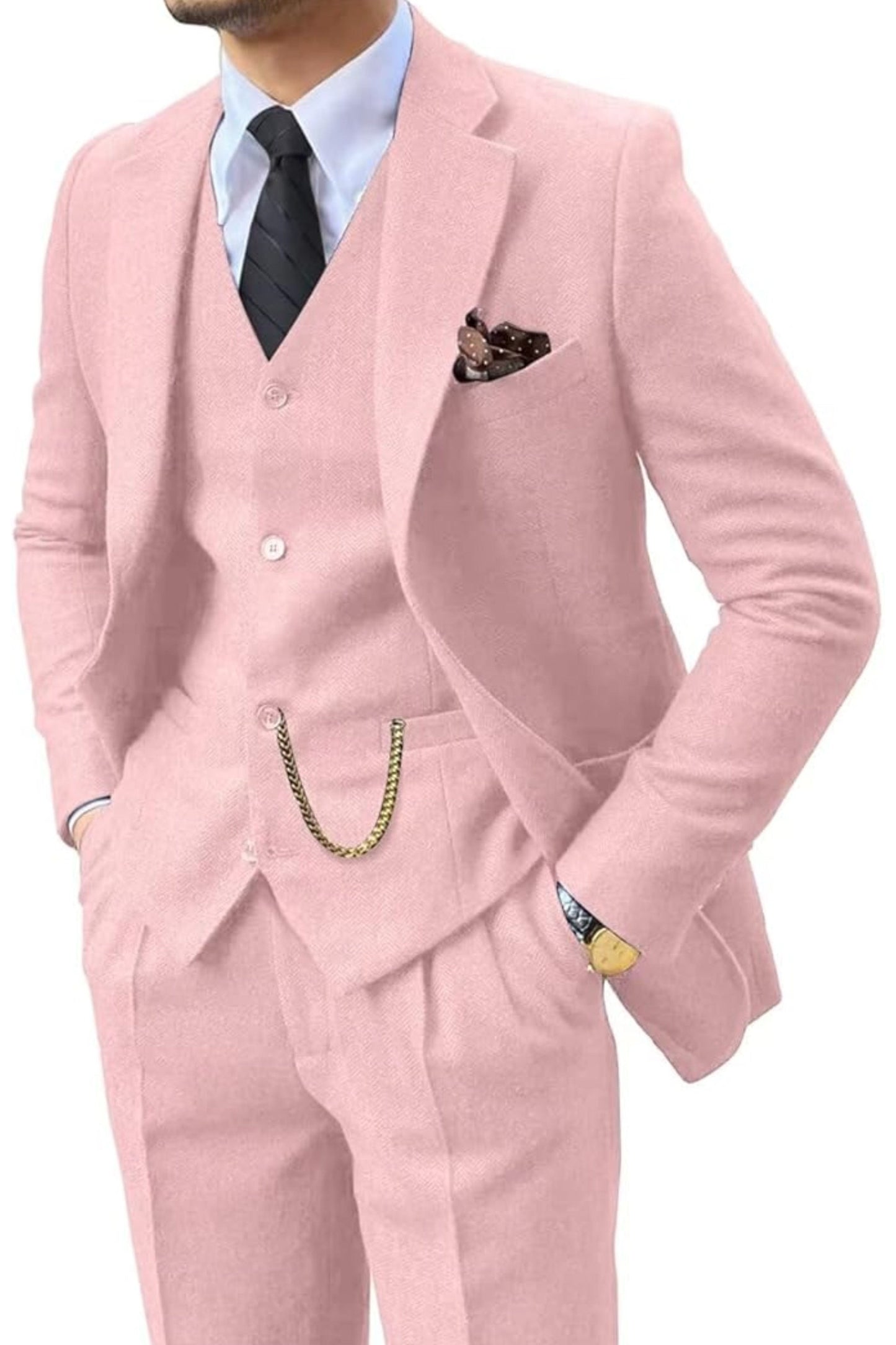 Men's Herringbone Woven Suit Set with Notched Lapel and Vest 10