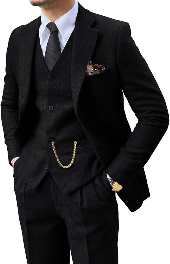Men's Herringbone Woven Suit Set with Notched Lapel and Vest 2