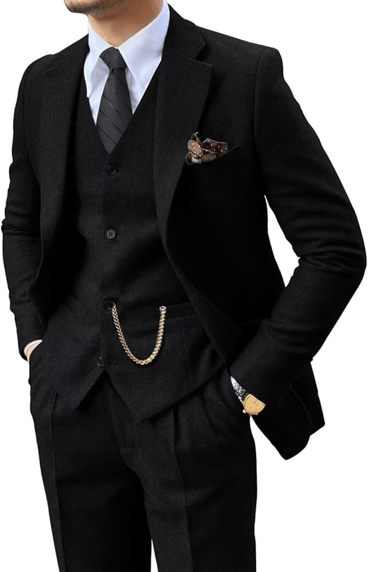 Men's Herringbone Woven Suit Set with Notched Lapel and Vest 2