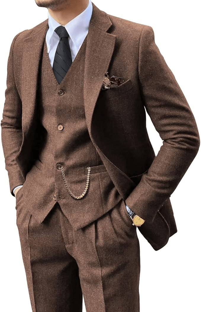 Men's Herringbone Woven Suit Set with Notched Lapel and Vest 3