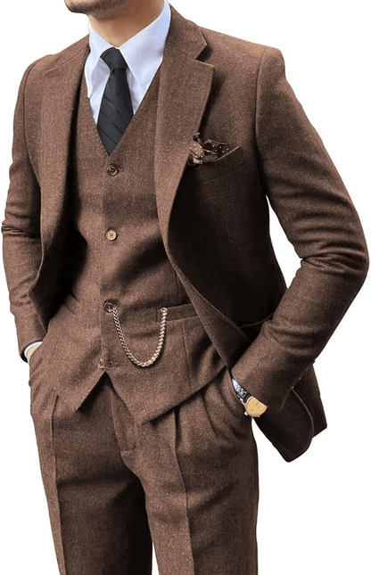 Men's Herringbone Woven Suit Set with Notched Lapel and Vest 3