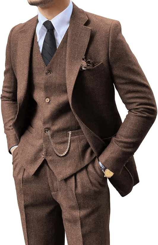Men's Herringbone Woven Suit Set with Notched Lapel and Vest 3