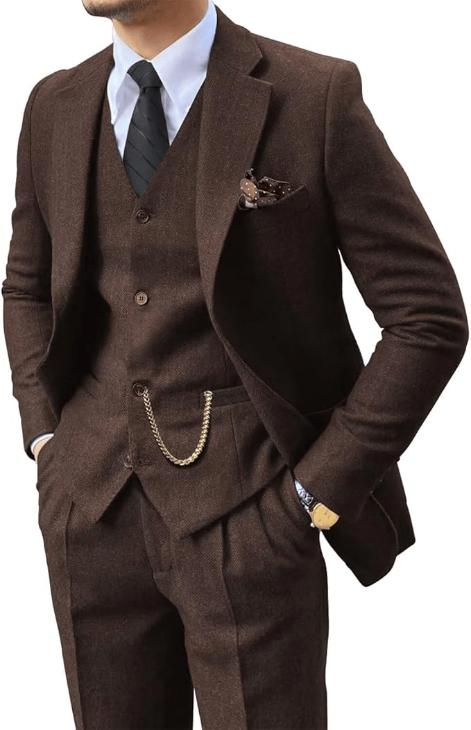 Men's Herringbone Woven Suit Set with Notched Lapel and Vest 5