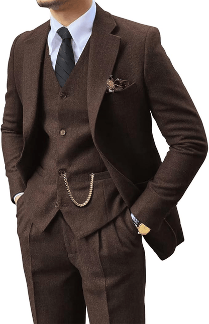 Men's Herringbone Woven Suit Set with Notched Lapel and Vest 5
