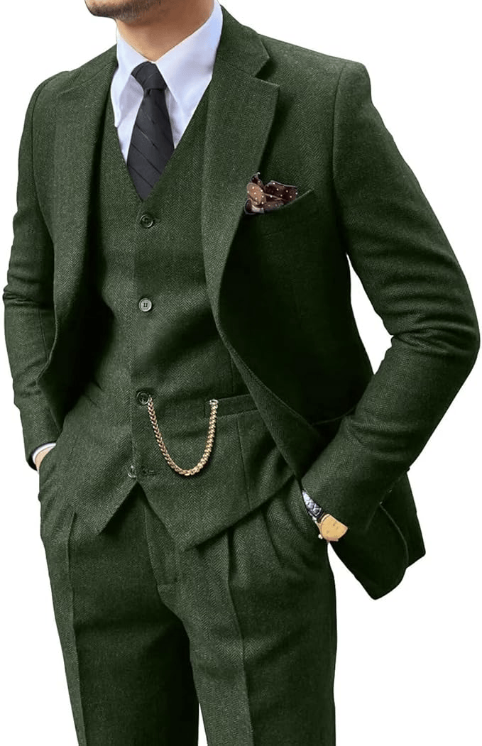 Men's Herringbone Woven Suit Set with Notched Lapel and Vest 6