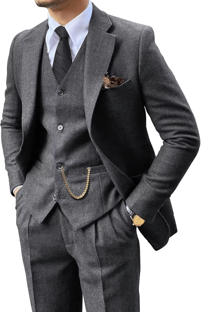 Men's Herringbone Woven Suit Set with Notched Lapel and Vest 7