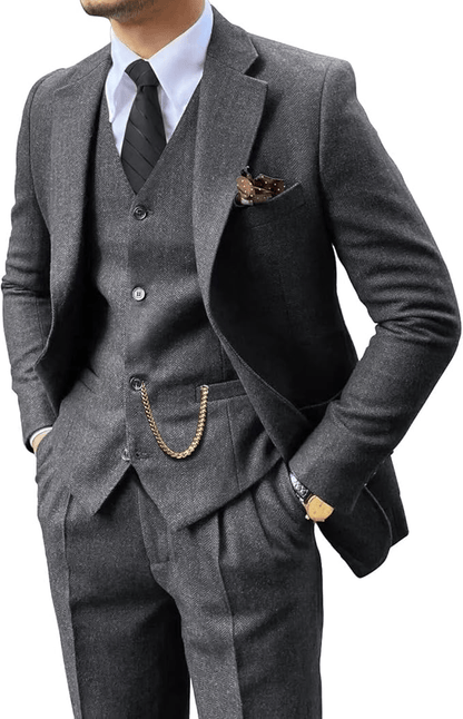 Men's Herringbone Woven Suit Set with Notched Lapel and Vest 7