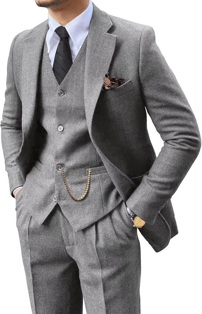 Men's Herringbone Woven Suit Set with Notched Lapel and Vest 8
