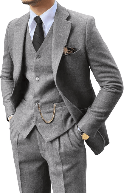 Men's Herringbone Woven Suit Set with Notched Lapel and Vest 8