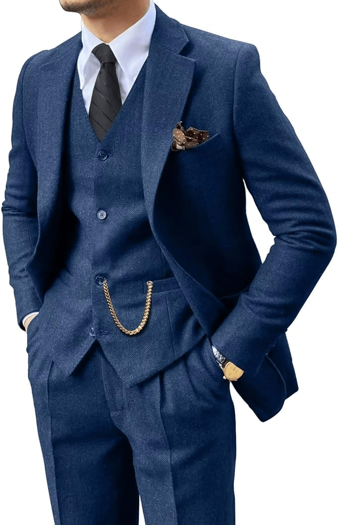 Men's Herringbone Woven Suit Set with Notched Lapel and Vest 9
