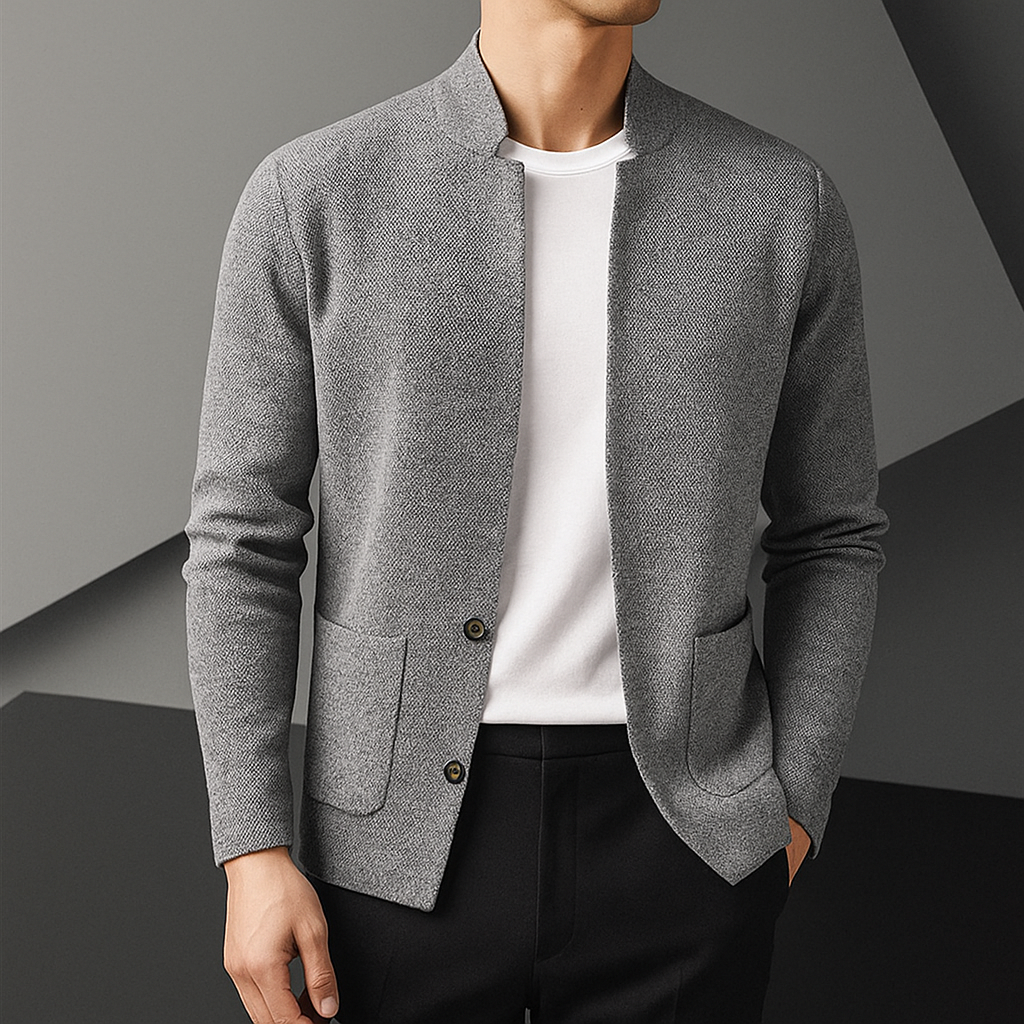 Men's Knit Cardigan with Stand Collar and Patch Pockets 1