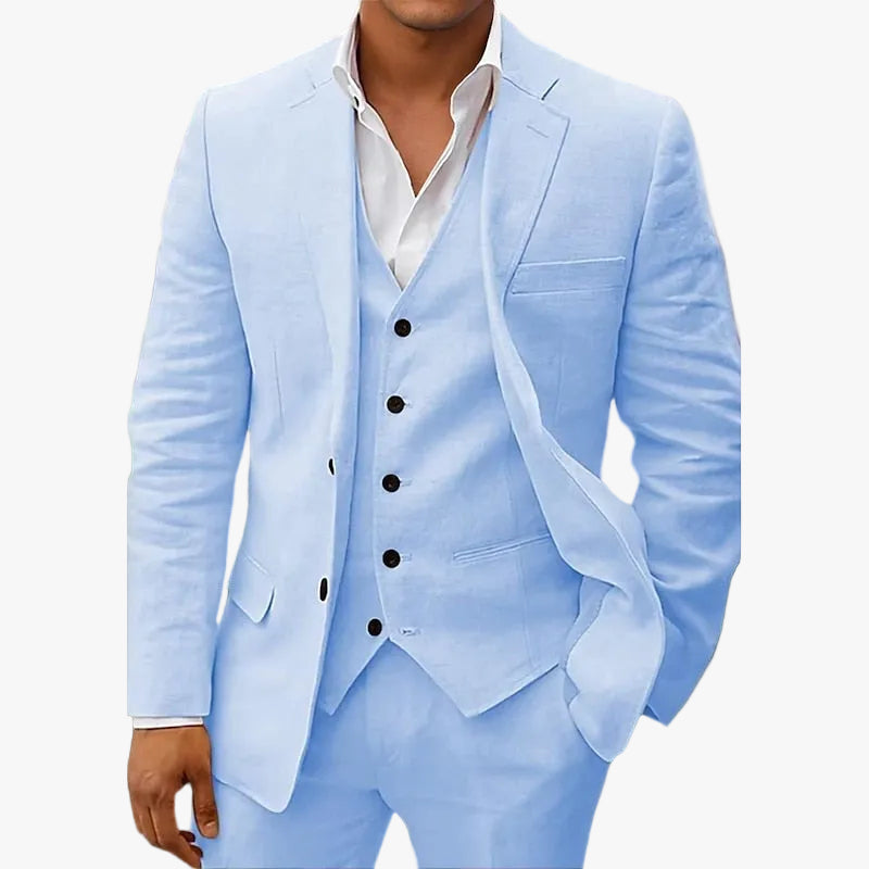 Men's Linen-Blend Suit with Notched Lapel and Button Vest 0