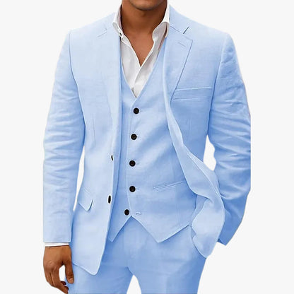 Men's Linen-Blend Suit with Notched Lapel and Button Vest 0
