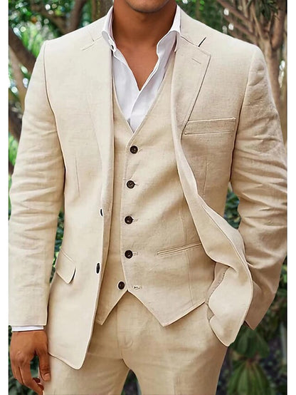 Men's Linen-Blend Suit with Notched Lapel and Button Vest 1