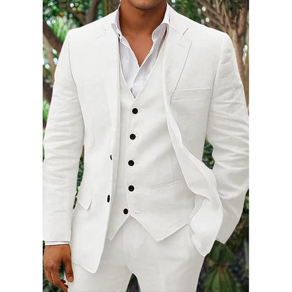 Men's Linen-Blend Suit with Notched Lapel and Button Vest 2