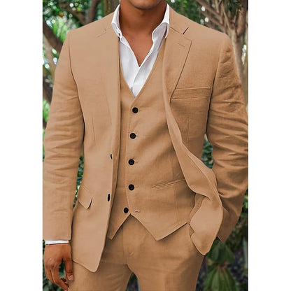 Men's Linen-Blend Suit with Notched Lapel and Button Vest 3