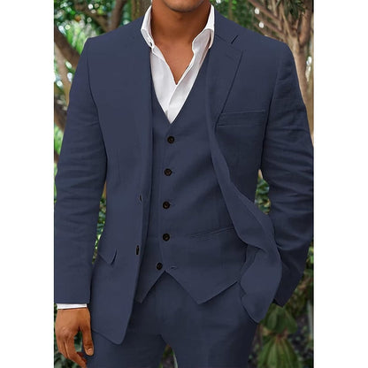 Men's Linen-Blend Suit with Notched Lapel and Button Vest 5