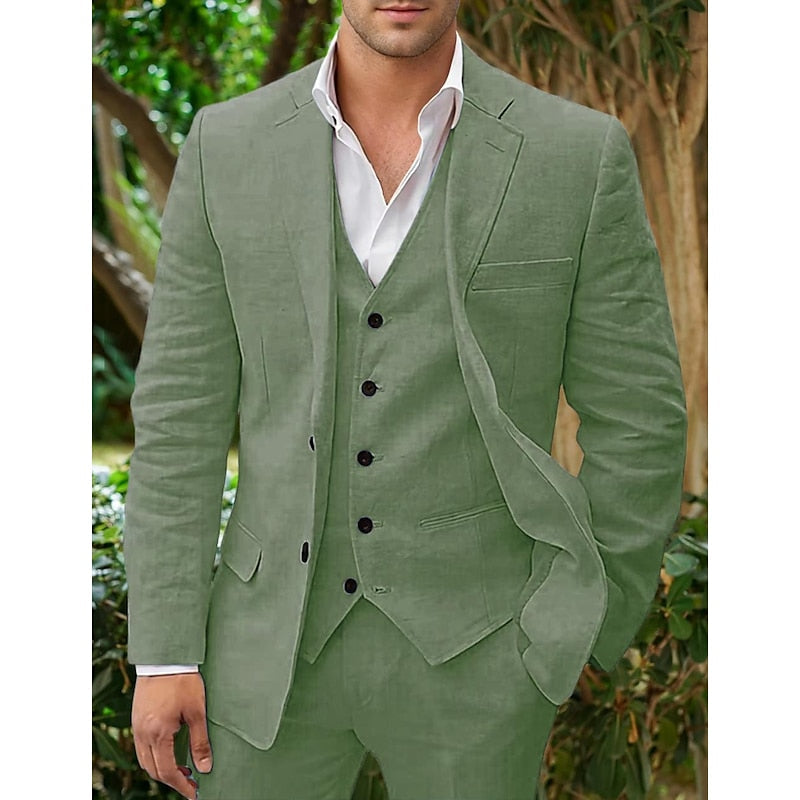Men's Linen-Blend Suit with Notched Lapel and Button Vest 6