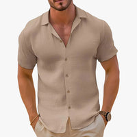 Men's Linen-Blend Woven Shirt with Button Placket and Spread Collar 0