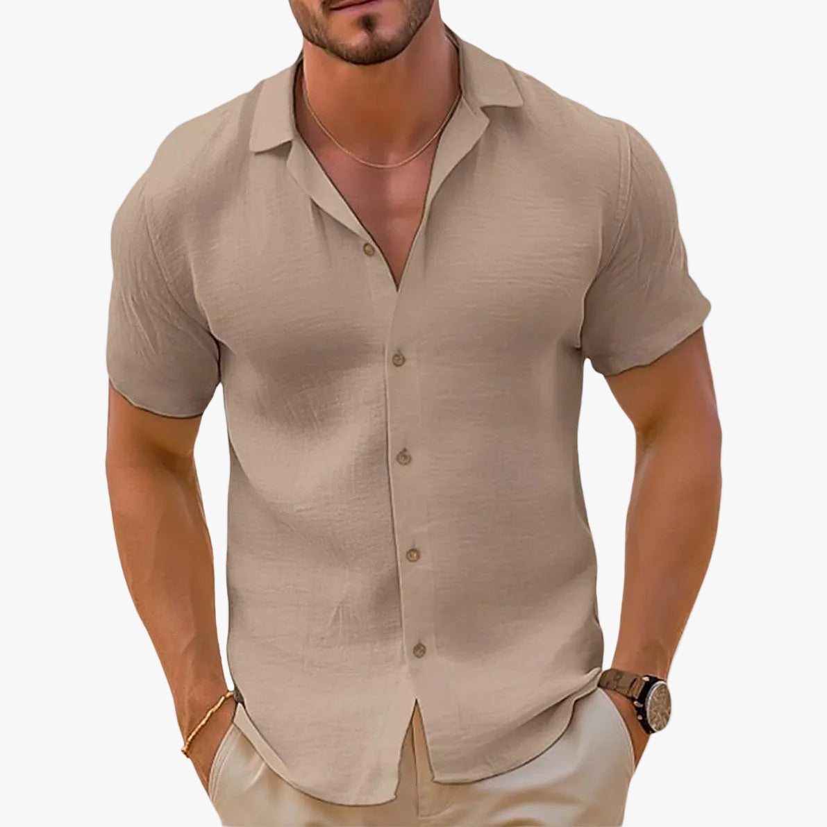 Men's Linen-Blend Woven Shirt with Button Placket and Spread Collar 0