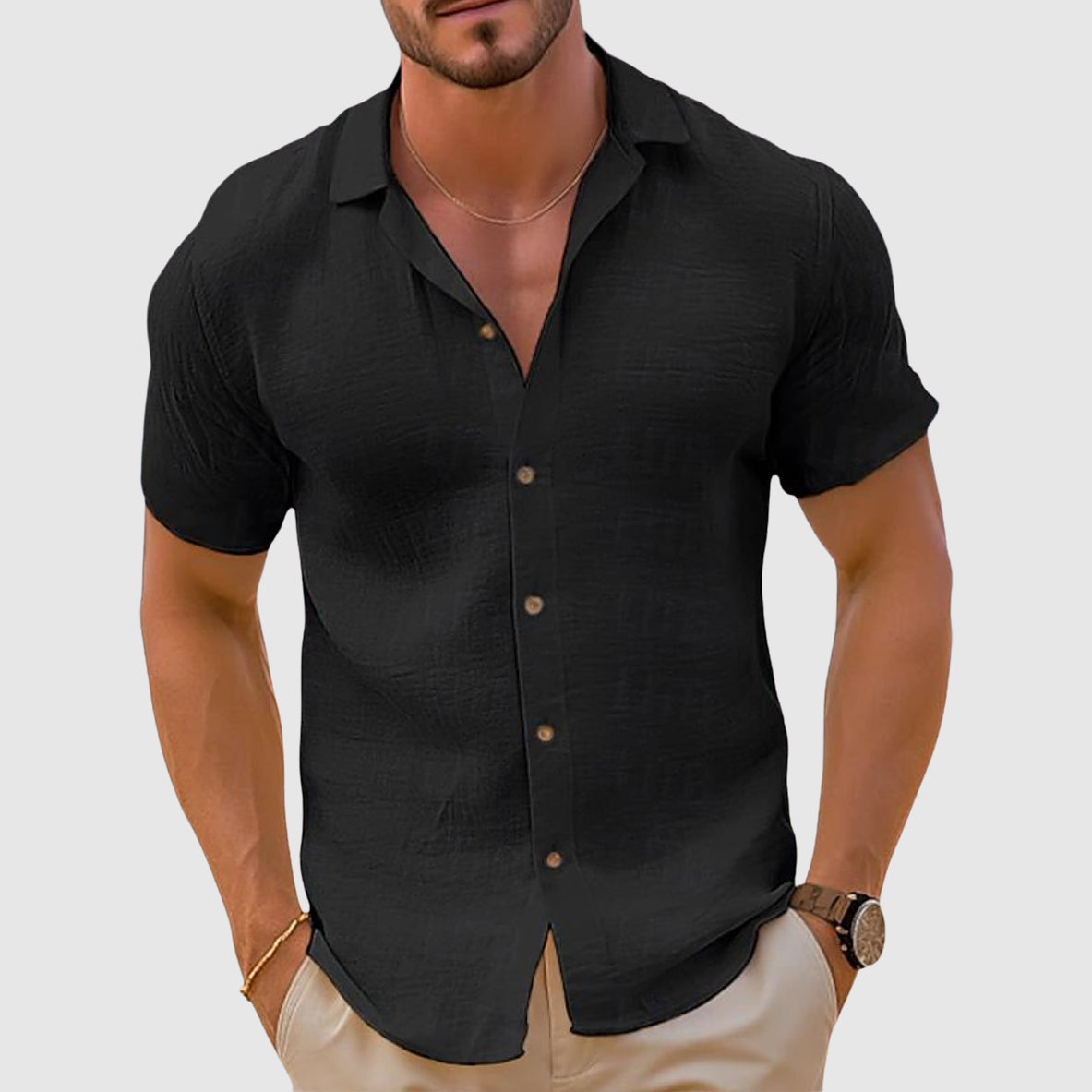 Men's Linen-Blend Woven Shirt with Button Placket and Spread Collar 1