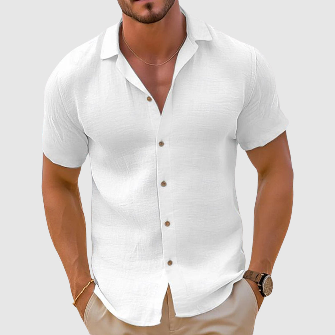 Men's Linen-Blend Woven Shirt with Button Placket and Spread Collar 2