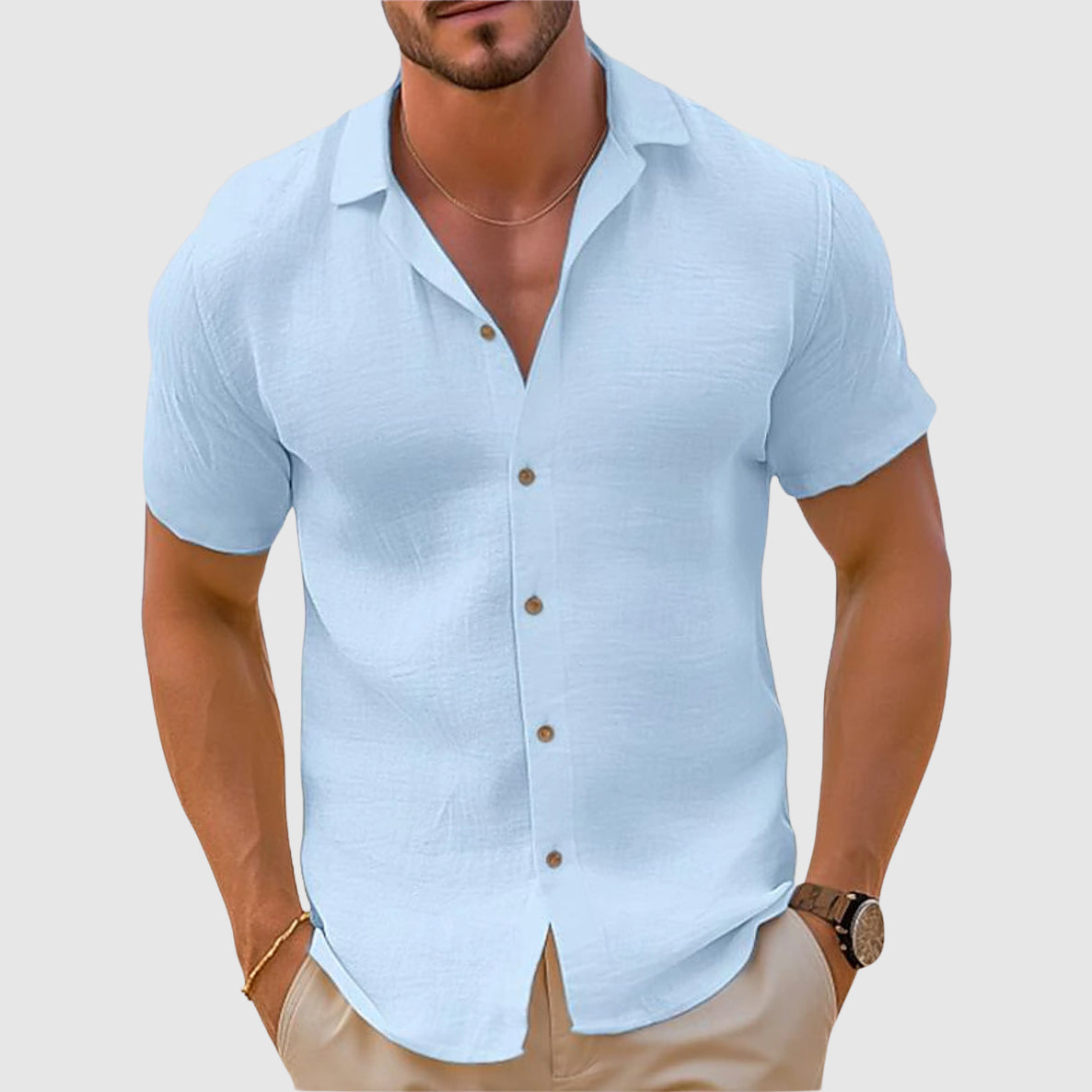 Men's Linen-Blend Woven Shirt with Button Placket and Spread Collar 3