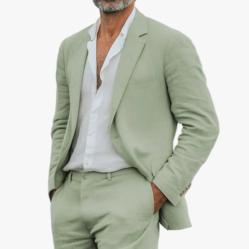 Men's Linen Suit with Notched Lapel and Flat-Front Trousers 0