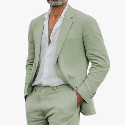 Men's Linen Suit with Notched Lapel and Flat-Front Trousers 0