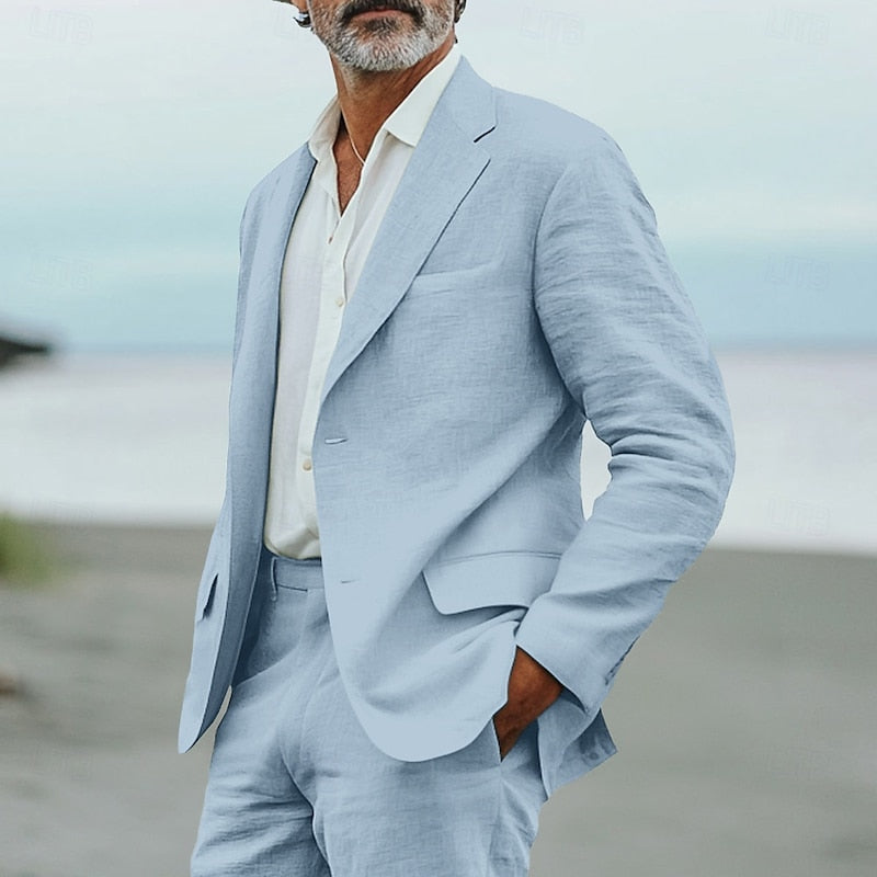 Men's Linen Suit with Notched Lapel and Flat-Front Trousers 1