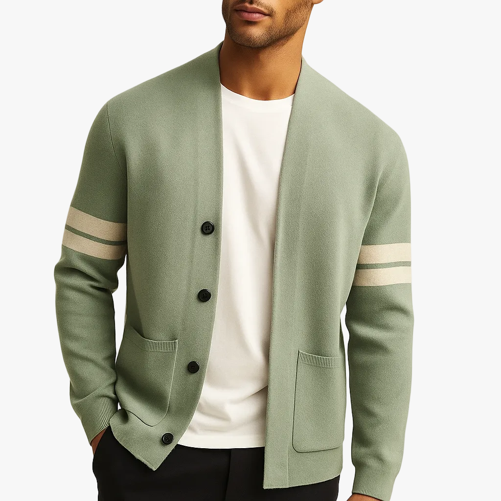 Men's Merino Blend Cardigan with Sleeve Stripes and Patch Pockets 0