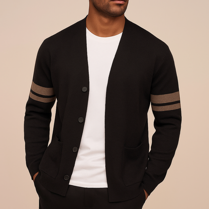 Men's Merino Blend Cardigan with Sleeve Stripes and Patch Pockets 1