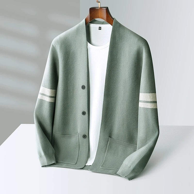 Men's Merino Blend Cardigan with Sleeve Stripes and Patch Pockets 2