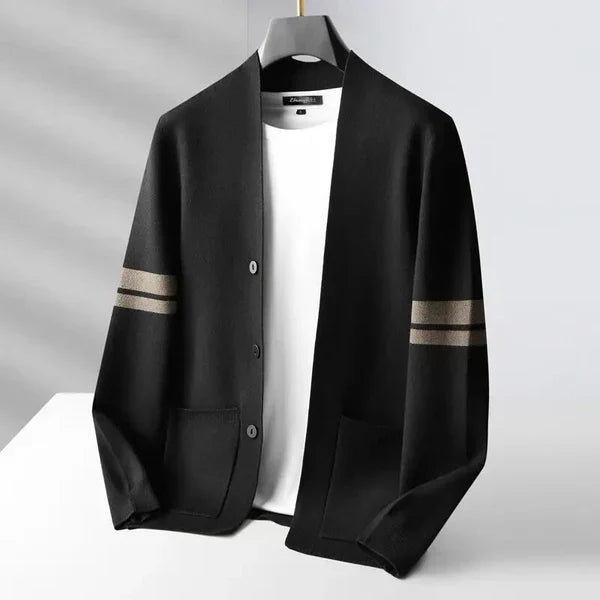 Men's Merino Blend Cardigan with Sleeve Stripes and Patch Pockets 3