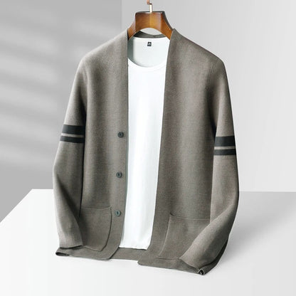 Men's Merino Blend Cardigan with Sleeve Stripes and Patch Pockets 4