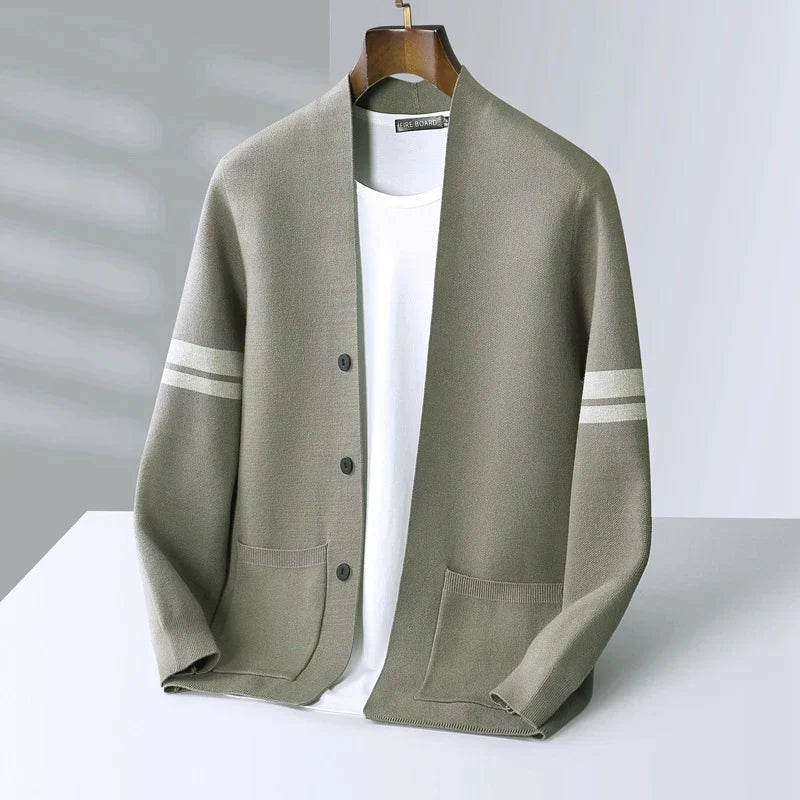 Men's Merino Blend Cardigan with Sleeve Stripes and Patch Pockets 5