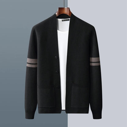 Men's Merino Blend Cardigan with Sleeve Stripes and Patch Pockets 7