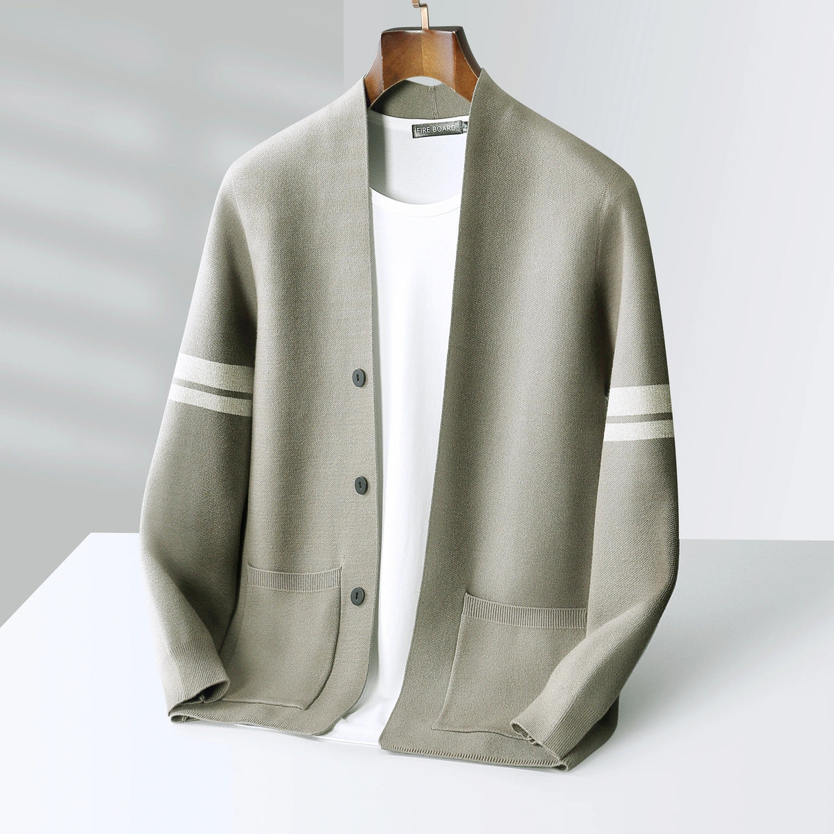 Men's Merino Blend Cardigan with Sleeve Stripes and Patch Pockets 9