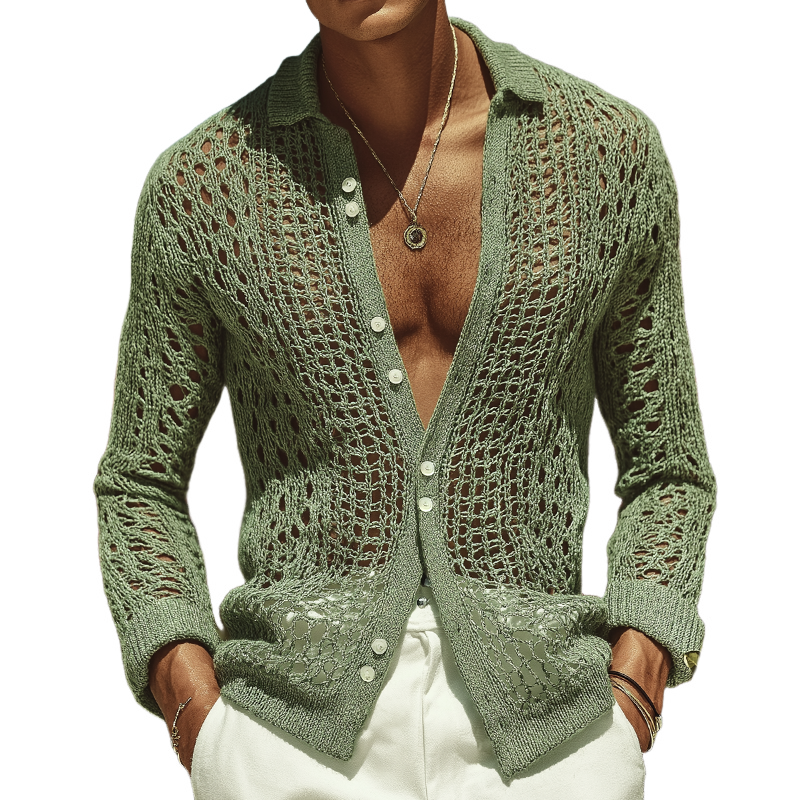 Men's Open-Knit Long-Sleeve Shirt with Lapel Collar 0
