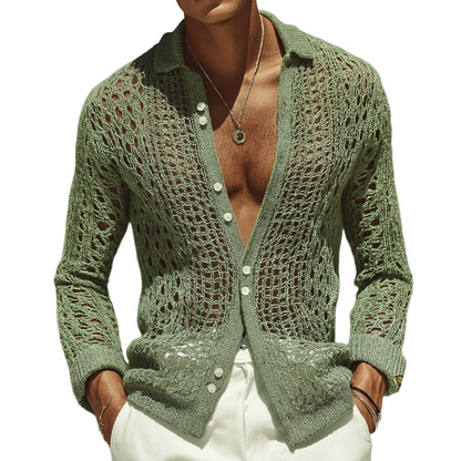 Men's Open-Knit Long-Sleeve Shirt with Lapel Collar 0