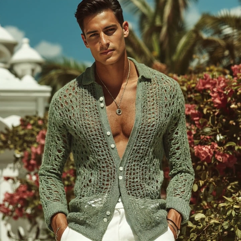 Men's Open-Knit Long-Sleeve Shirt with Lapel Collar 1