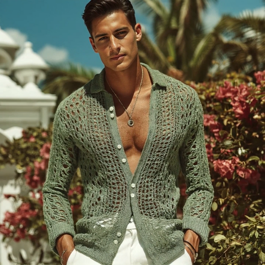 Men's Open-Knit Long-Sleeve Shirt with Lapel Collar 1