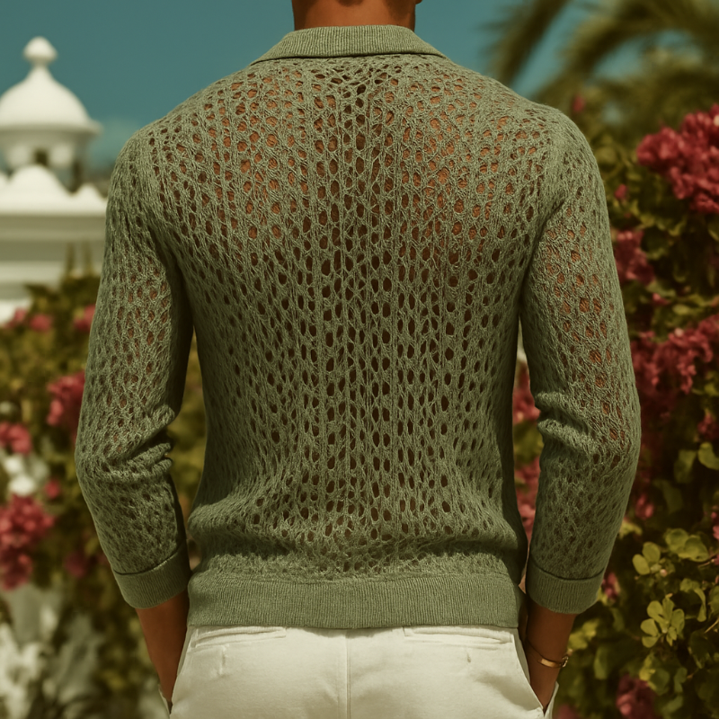 Men's Open-Knit Long-Sleeve Shirt with Lapel Collar 3