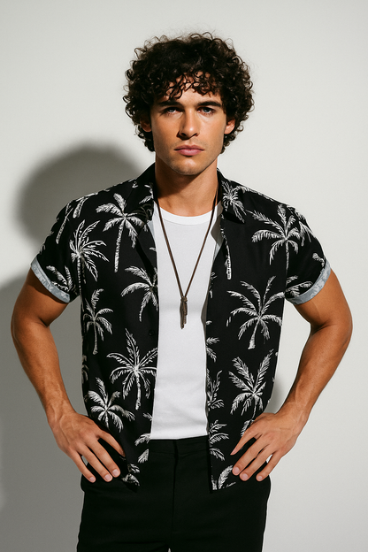 Men’s Printed Palm Shirt Lightweight Casual Short Sleeve 0