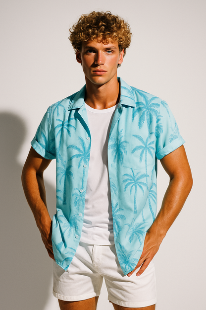 Men’s Printed Palm Shirt Lightweight Casual Short Sleeve 1
