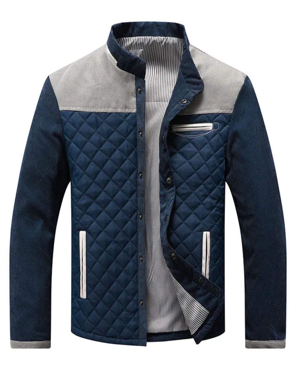 Men's Quilted Outerwear Jacket with Stand Collar and Snap Front 2