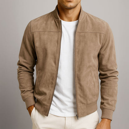 Men's Suede Bomber Jacket with Zip Front and Rib Trim 0