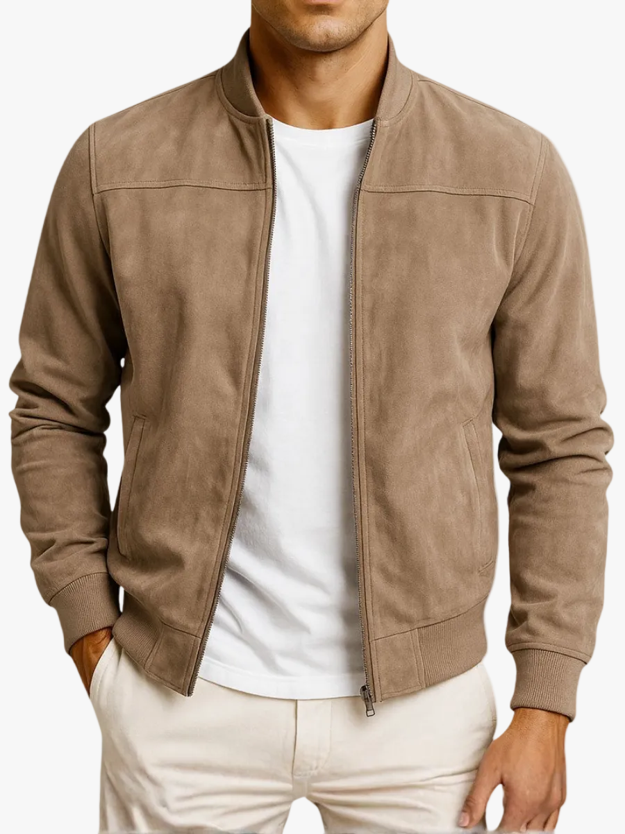 Men's Suede Bomber Jacket with Zip Front and Rib Trim 1