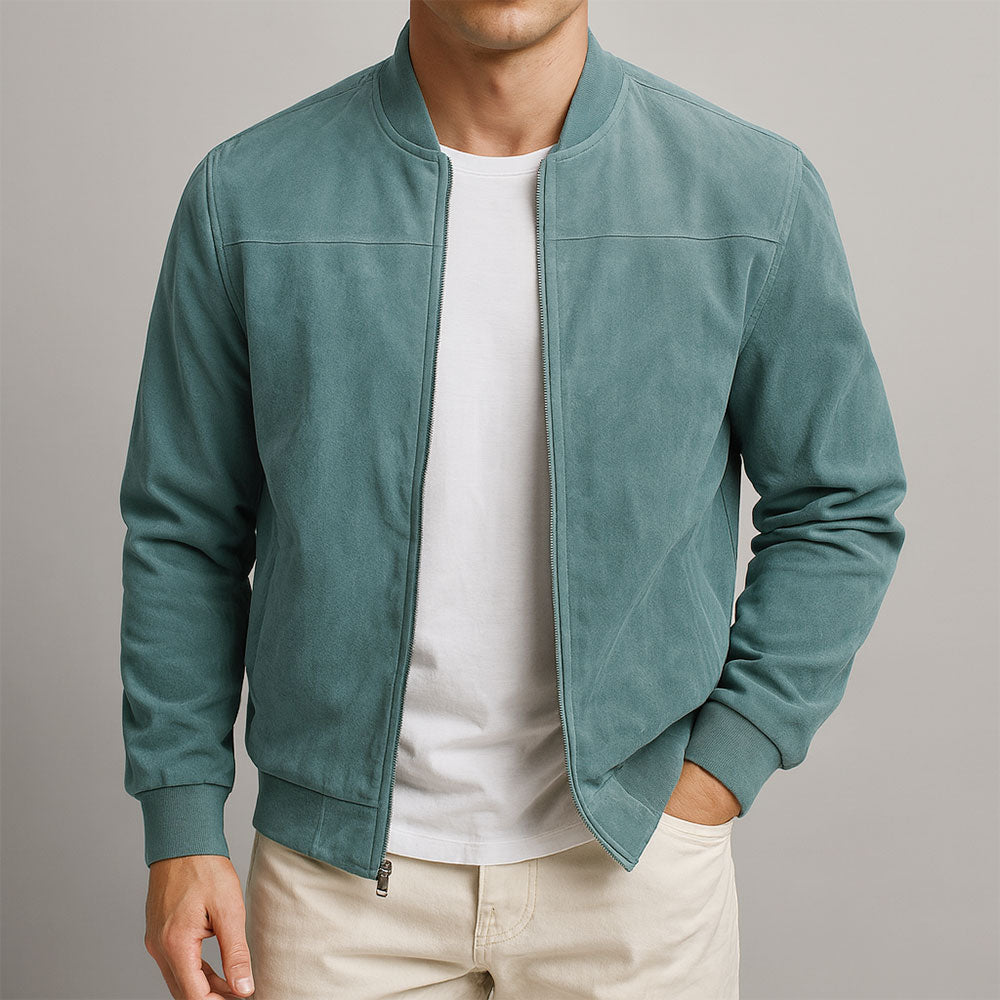 Men's Suede Bomber Jacket with Zip Front and Rib Trim 2